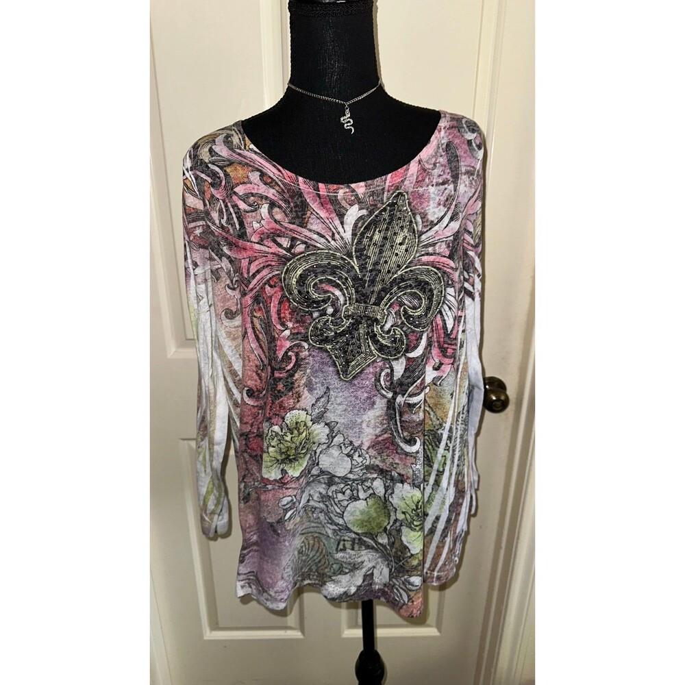 Lane Bryant y2k LONG SLEEVE FLEUR DE LIS W/WINGS &RHINESTONES mcbling top size1x - Picture 4 of 9